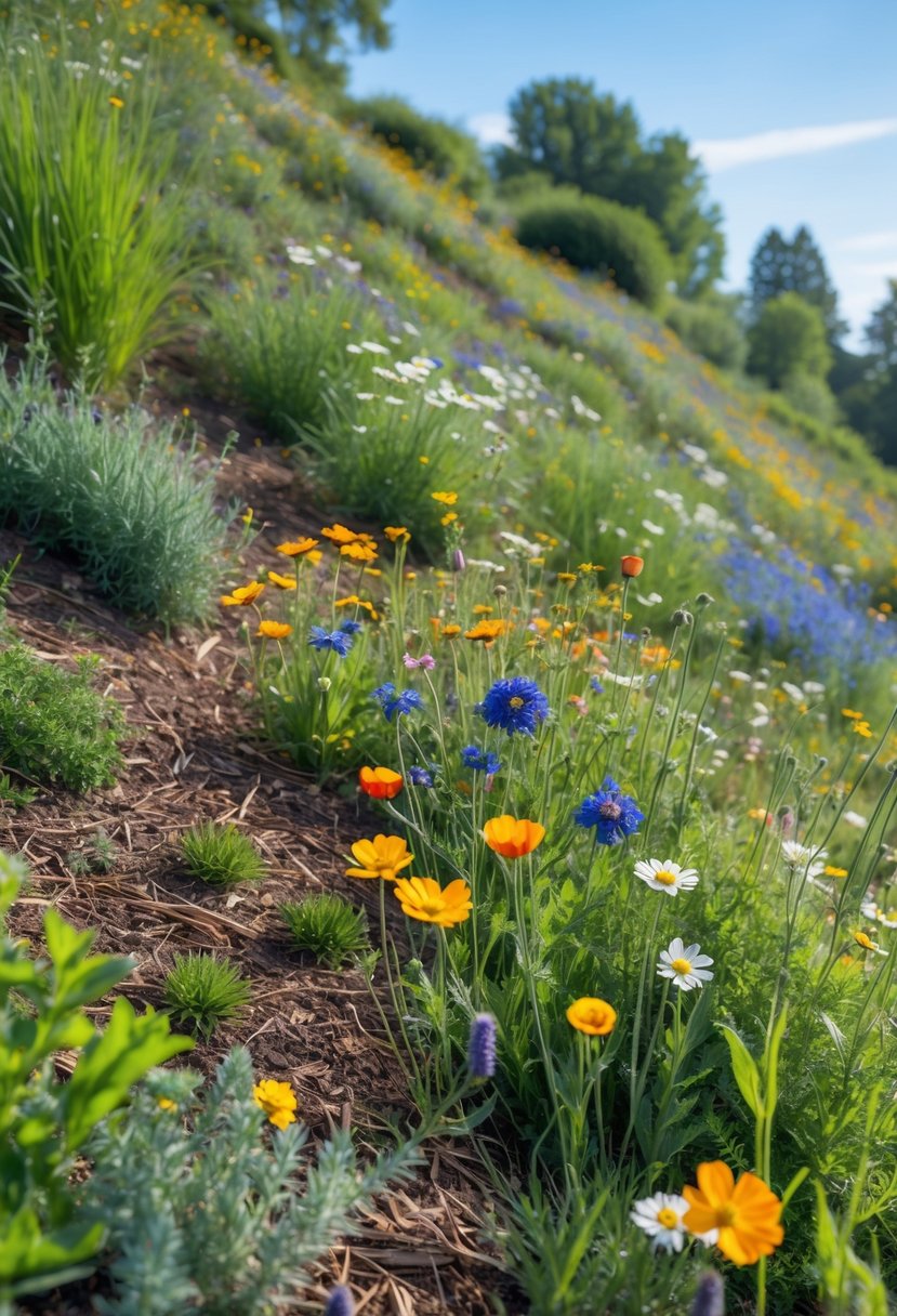 A sloping garden with a colorful patch of wildflowers and low-maintenance plants under a clear blue sky.