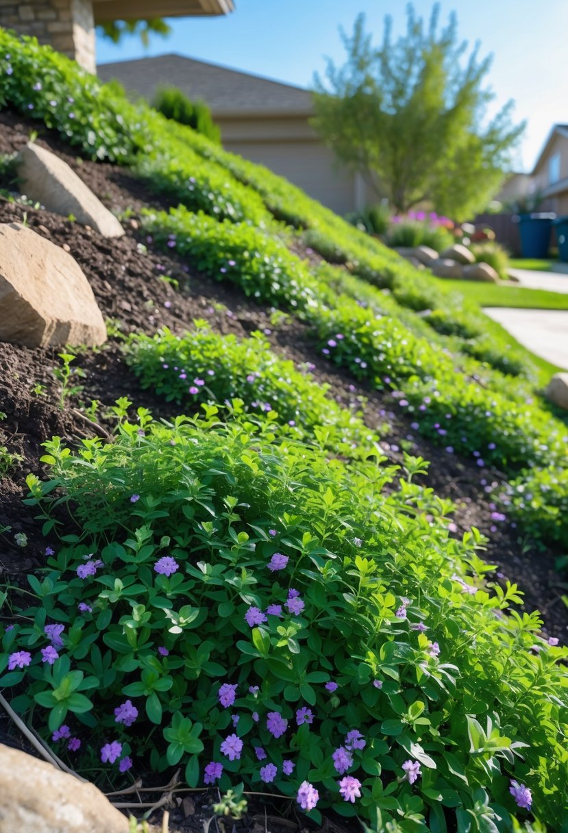 A garden slope covered with dense creeping thyme plants and small purple flowers, surrounded by stones and shrubs under a clear sky.