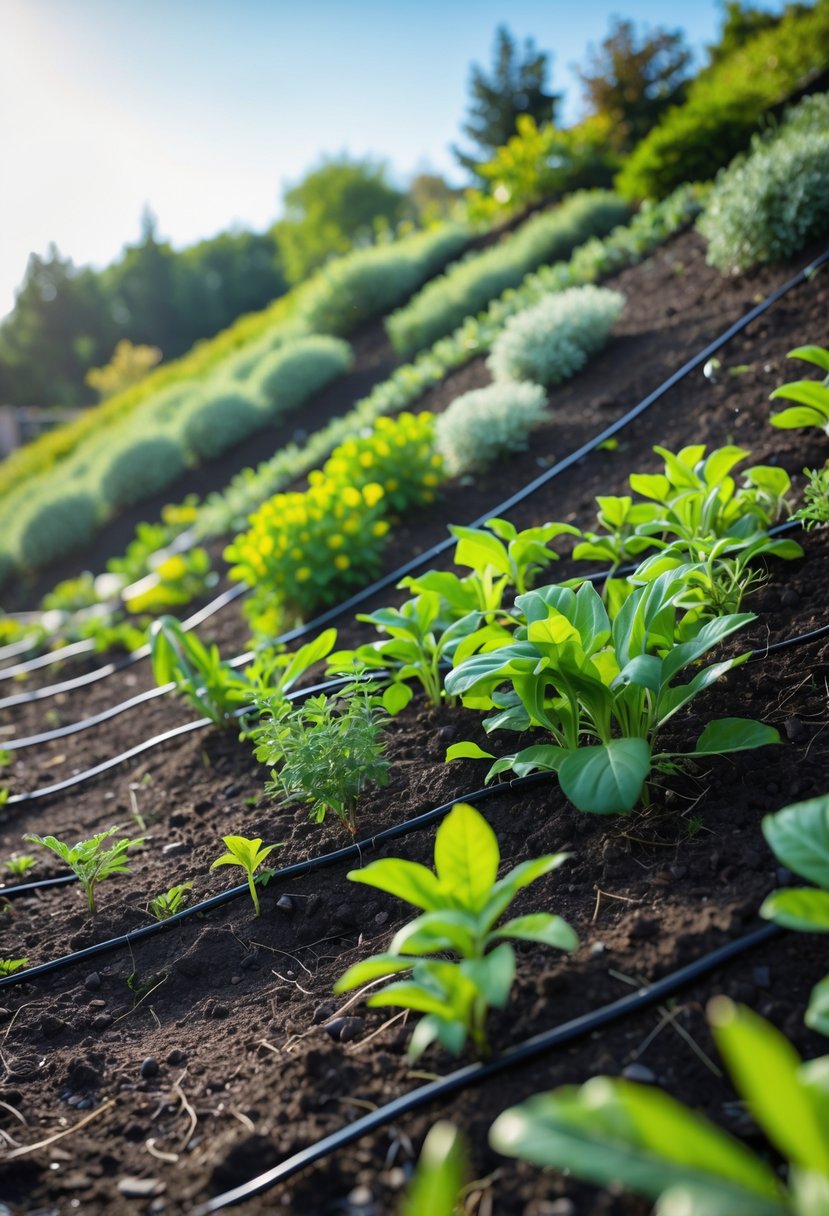 A sloping garden with green plants and drip irrigation tubing delivering water to the roots.