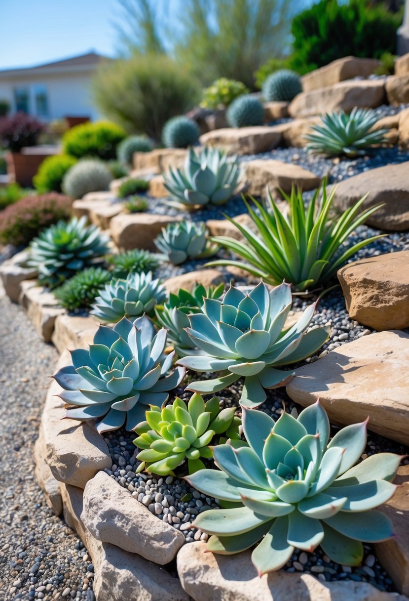 A rock garden on a slope filled with various drought-tolerant succulents and natural stones under a clear sky.