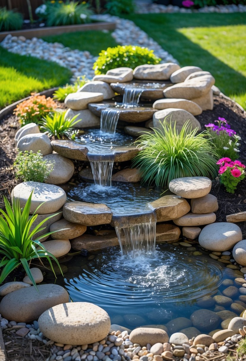 A small cascading waterfall water feature on a garden slope surrounded by plants and flowers.