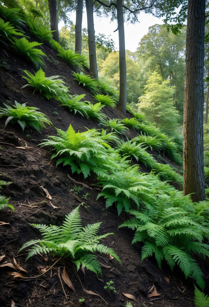 A shaded garden slope densely planted with green native ferns under tall trees.