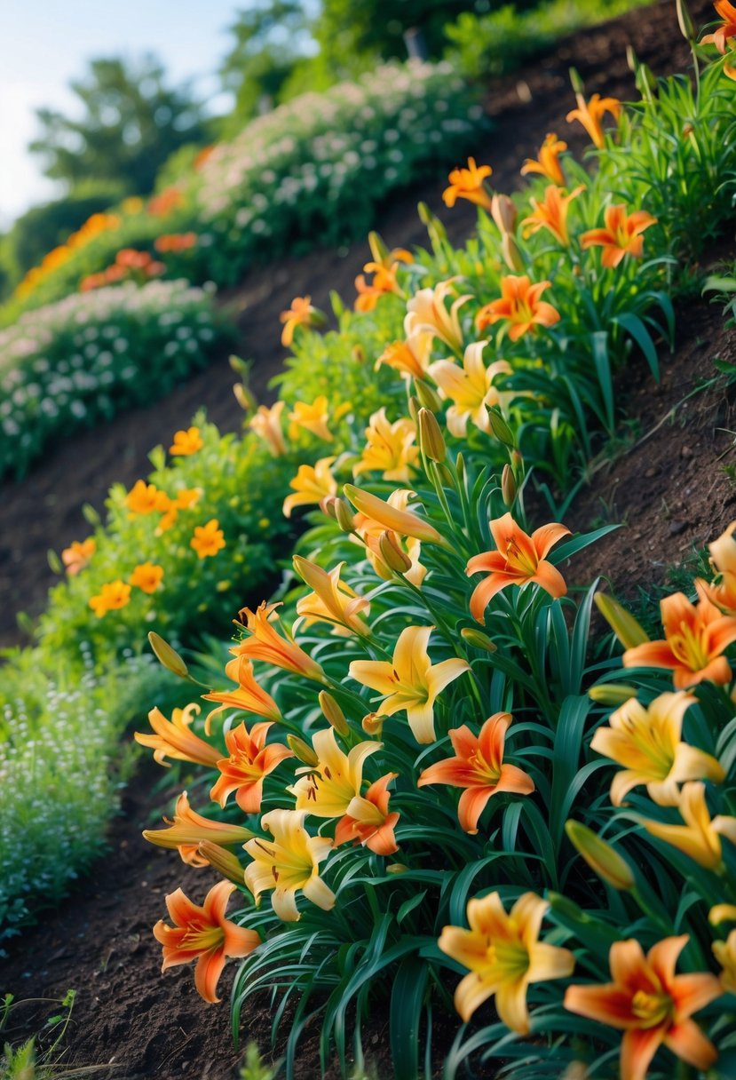A colorful garden slope covered with blooming orange, yellow, and red daylilies under a clear sky.