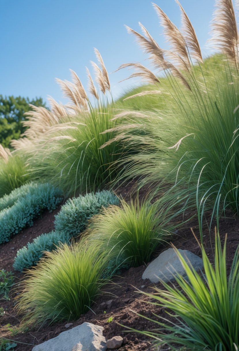 A garden on a gentle slope covered with bunch grasses like fountain grass, showing green and beige plants with soft seed heads under natural sunlight.