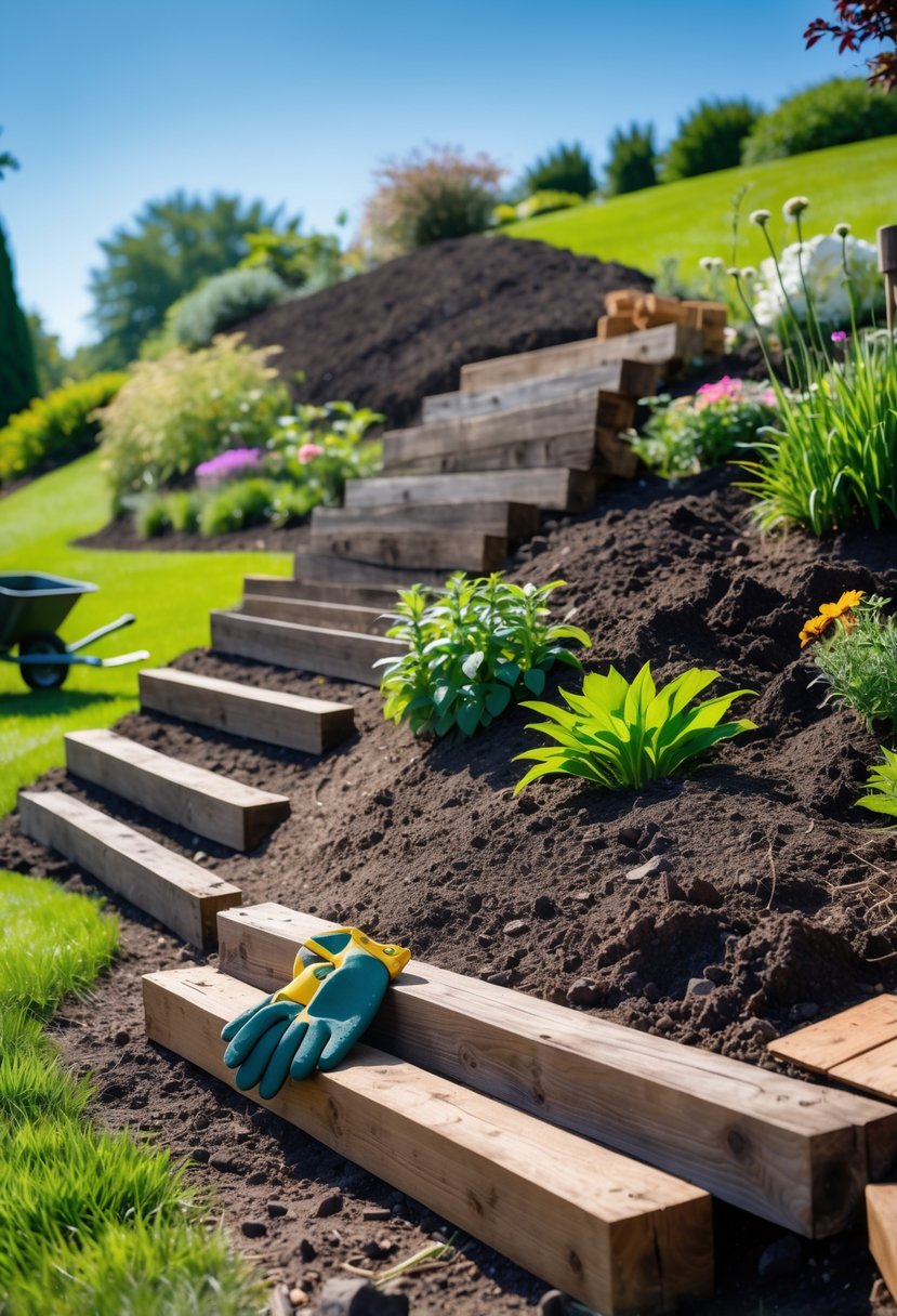 A garden slope with a retaining wall made from stacked wooden railroad ties holding back soil, surrounded by grass and plants.