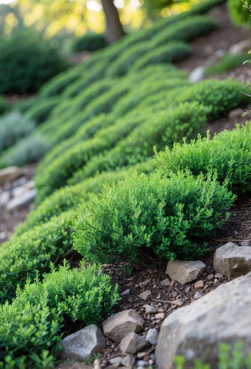 A green creeping juniper plant covering a sloped hillside with rocks and soil visible beneath.