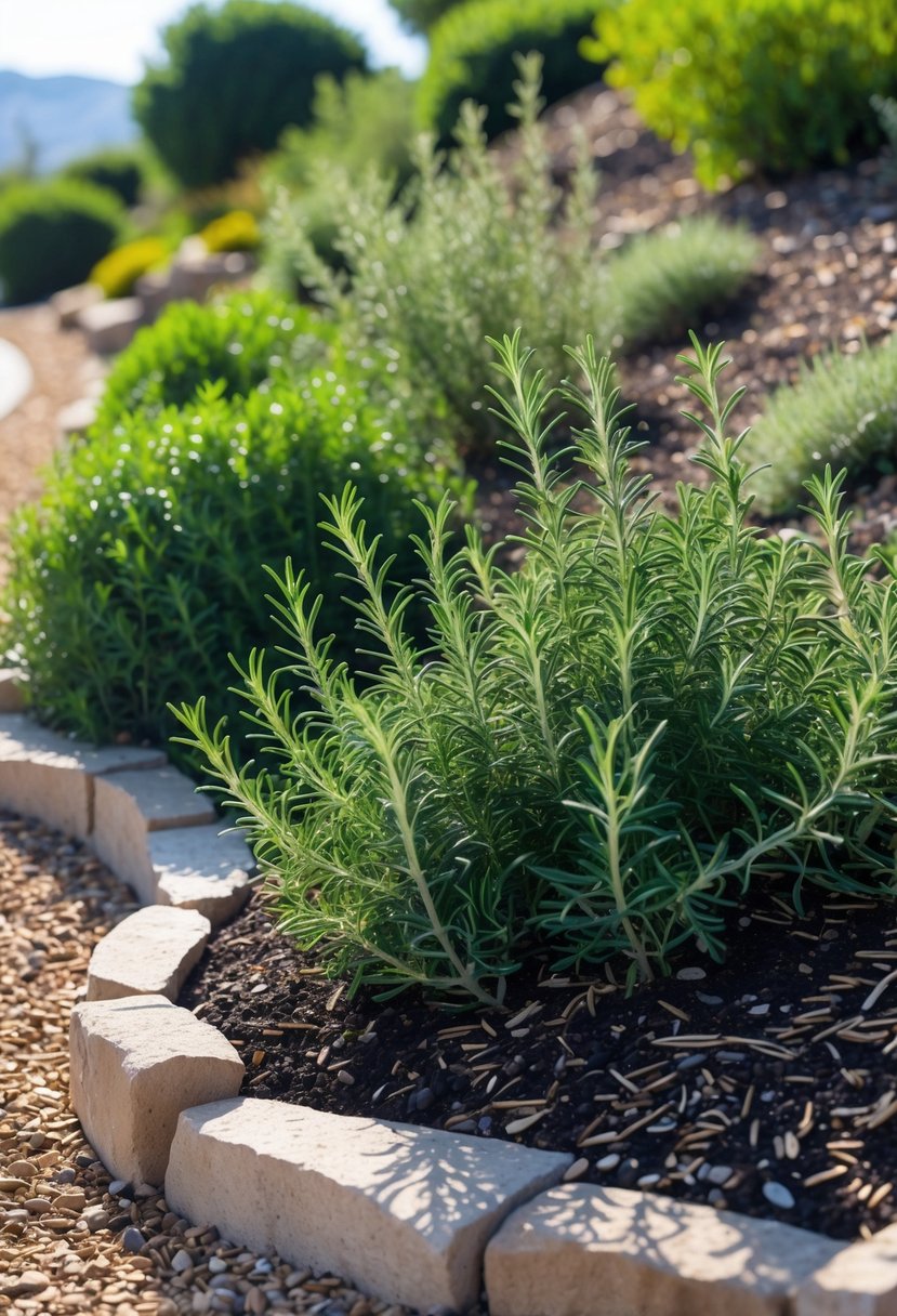 A garden on a gentle slope with healthy rosemary and thyme plants growing among natural stone edging and gravel pathways under clear sunlight.