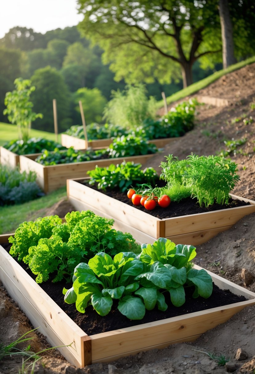 Raised wooden garden beds neatly arranged on a gentle slope, filled with various healthy vegetable plants under natural daylight.