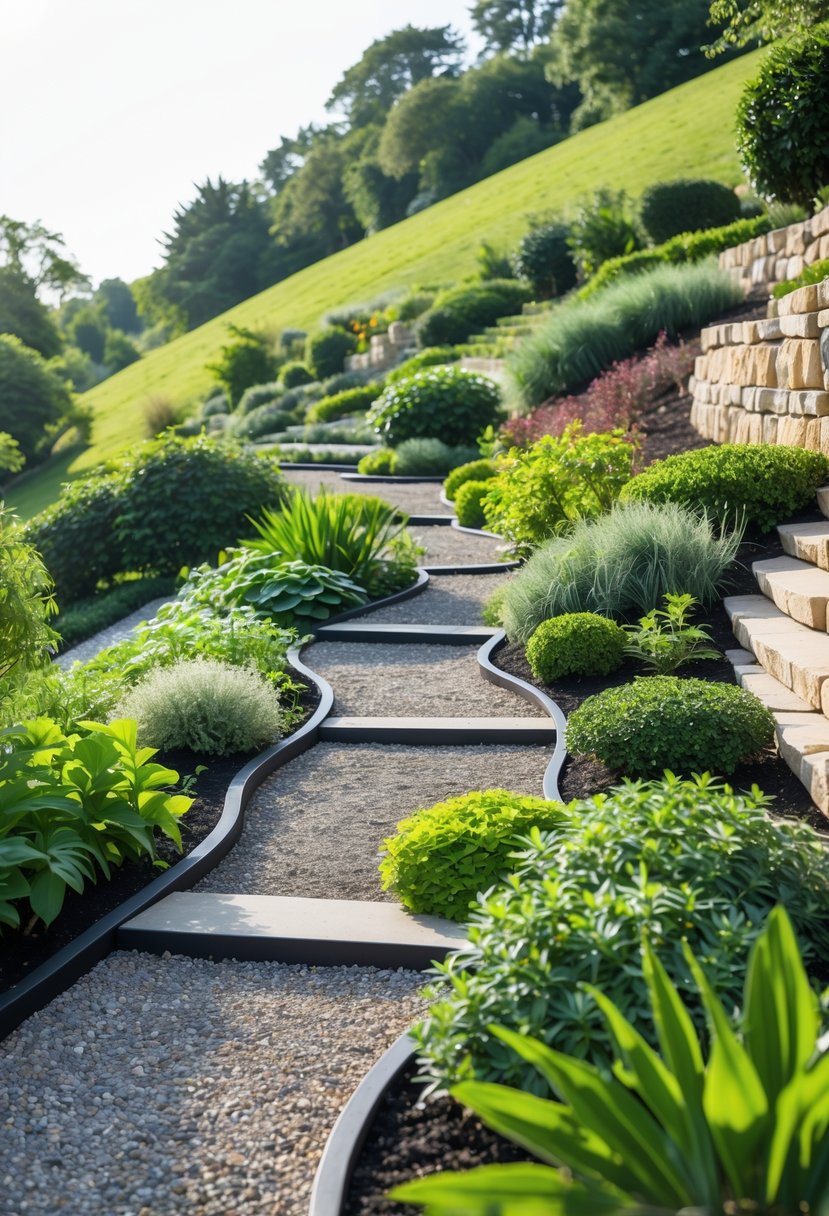 A sloped garden with gravel paths winding through green plants and shrubs, showing a low-maintenance landscape design.