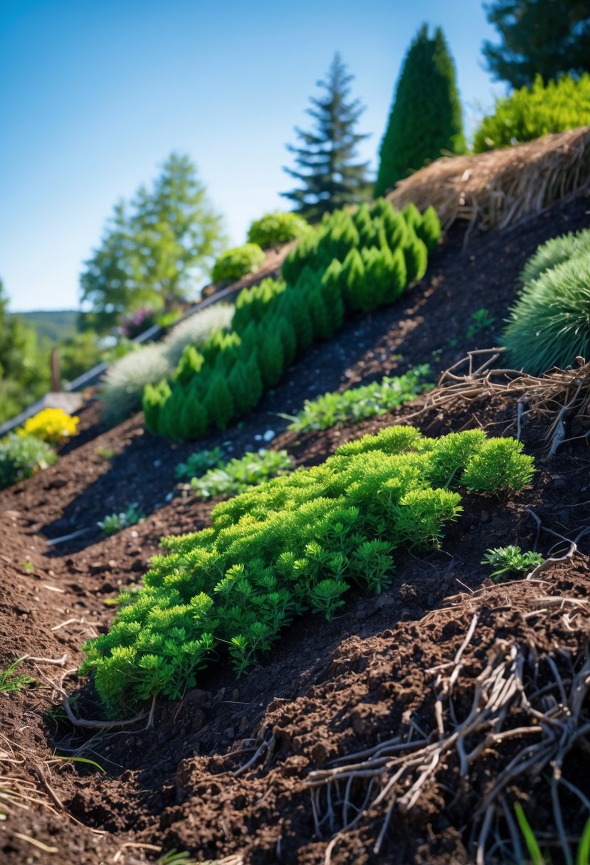 A garden slope planted with healthy green juniper shrubs to stabilize the soil.