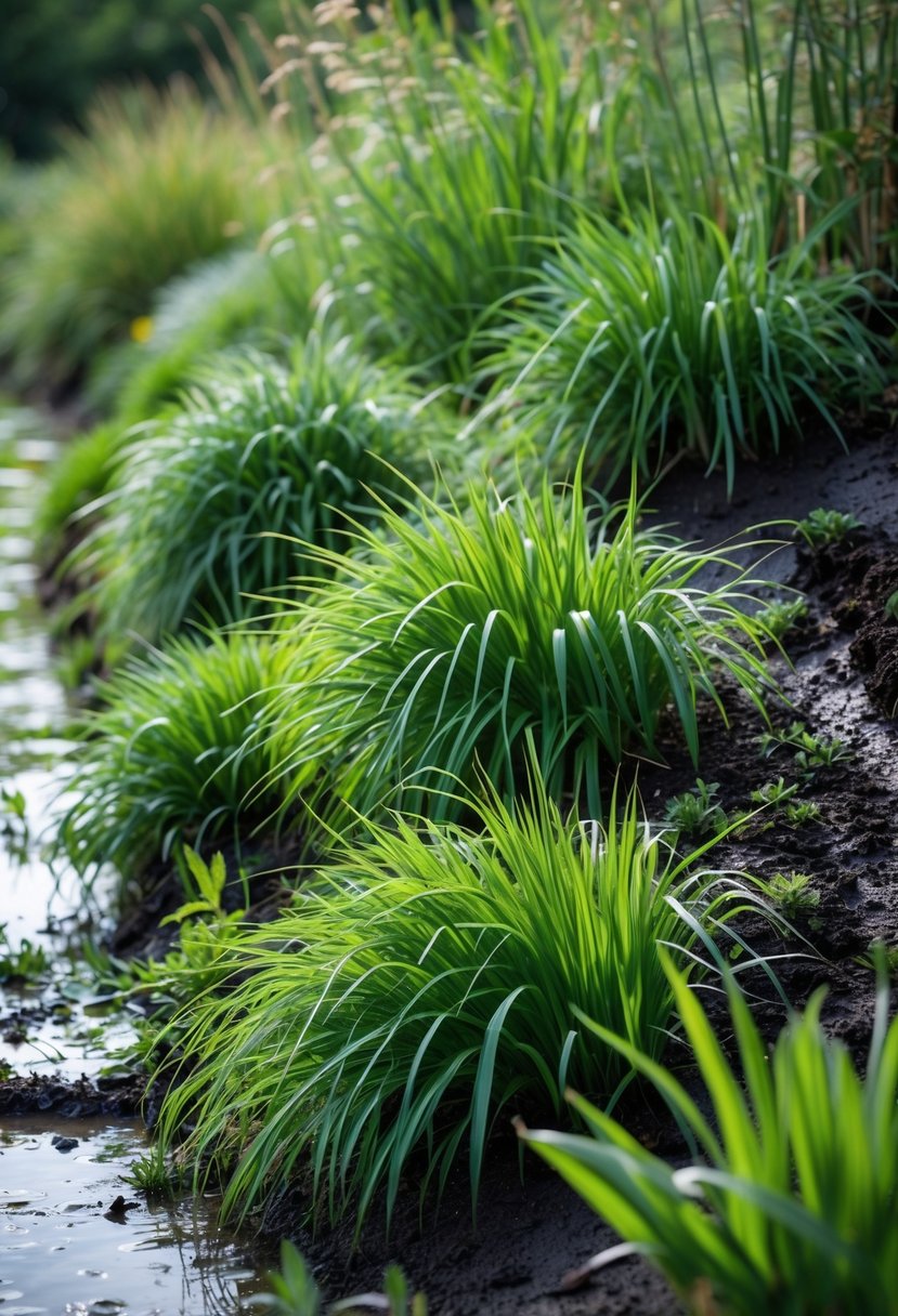 A green slope covered with dense sedge plants growing in wet soil in a garden.