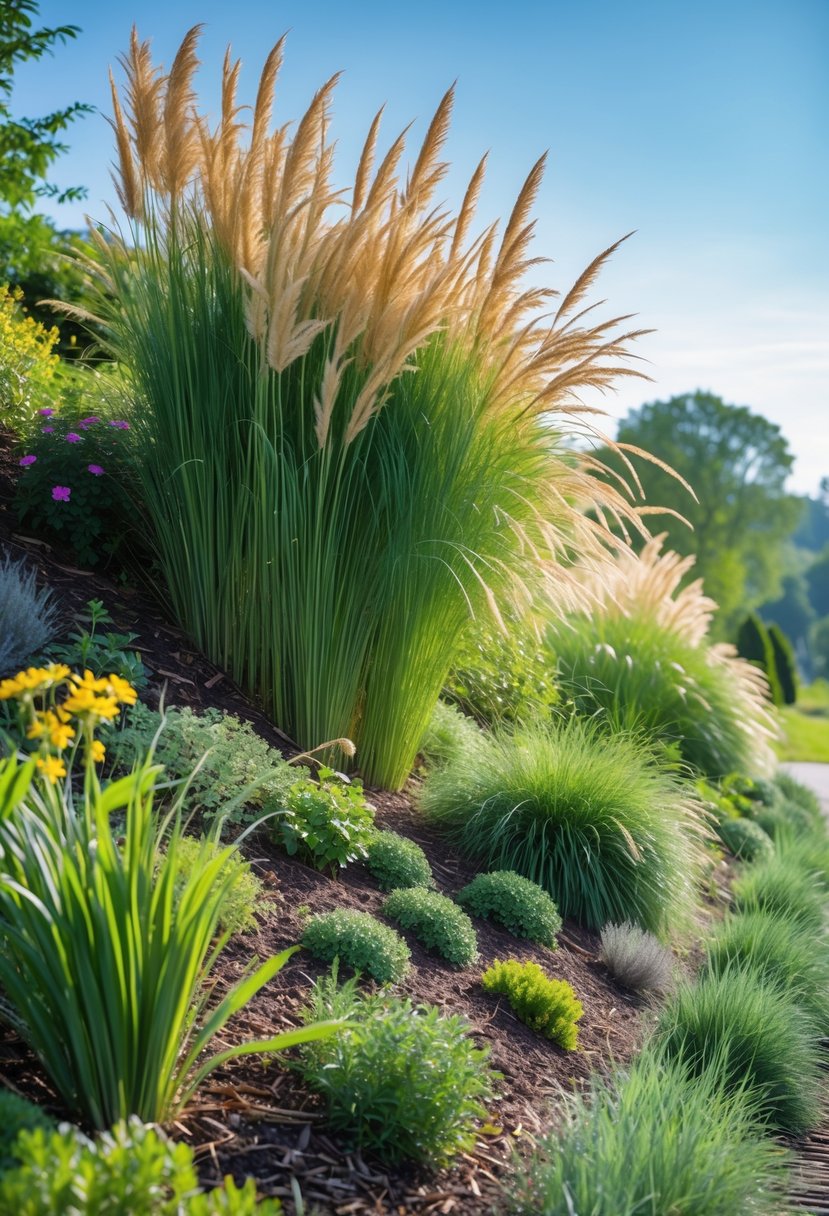 A garden on a gentle slope with tall ornamental grasses and various plants under a clear sky.