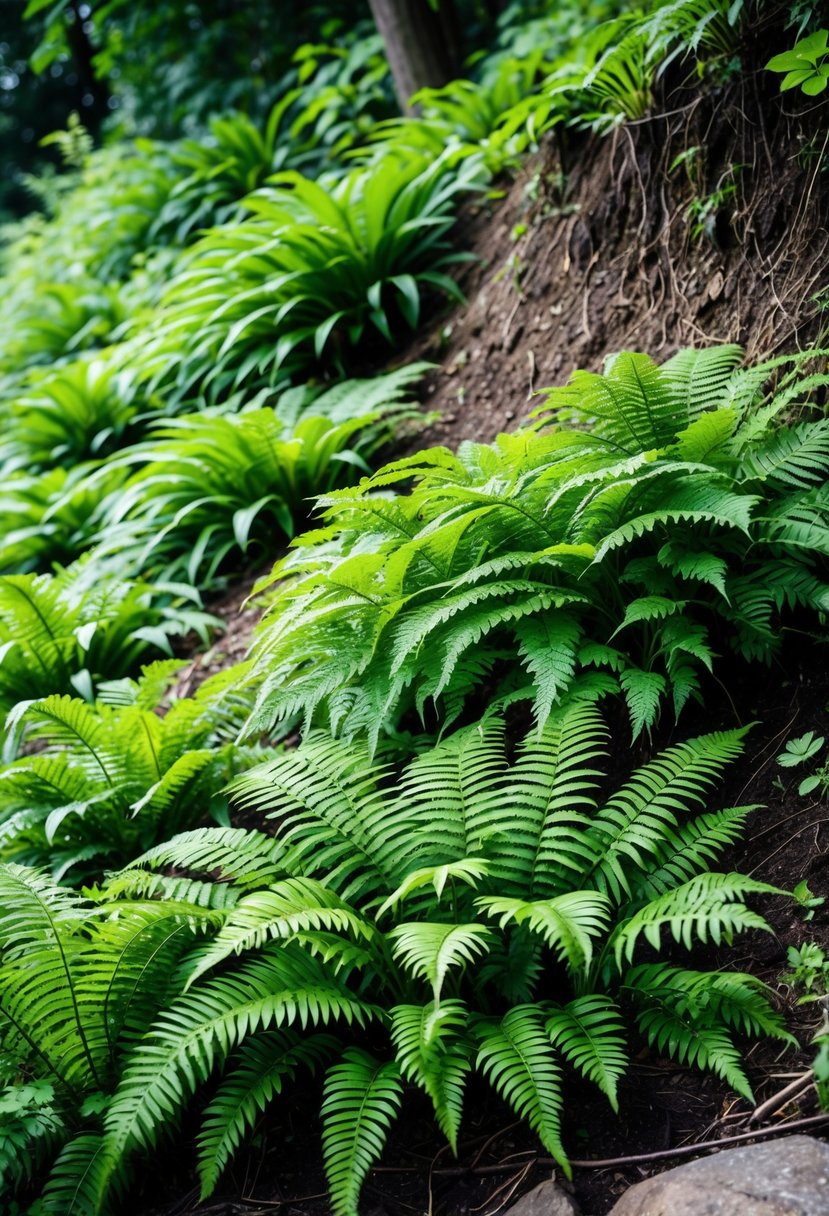 A shady garden slope densely covered with green hardy ferns and natural soil.