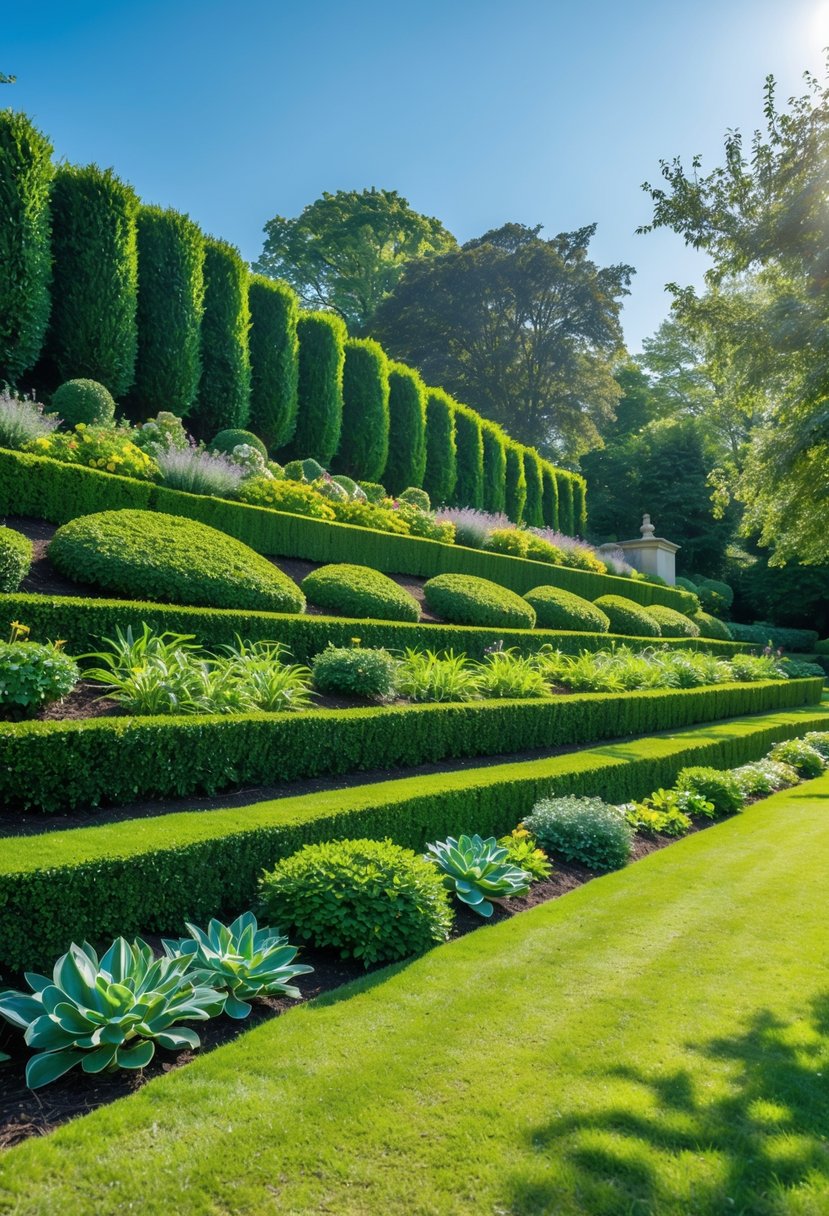 A garden on a gentle slope with neatly trimmed boxwood hedges and low-maintenance plants under a clear sky.