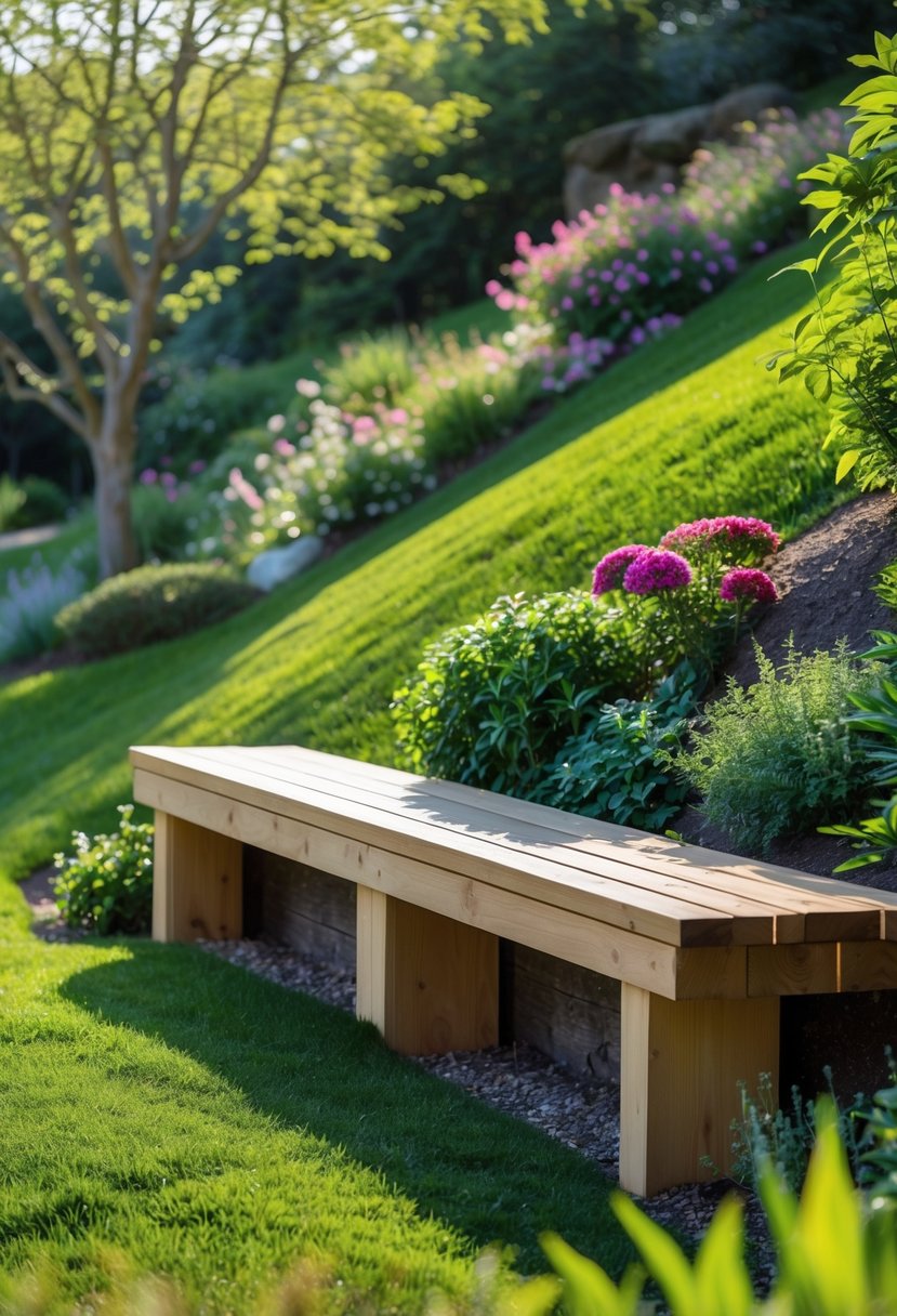 A wooden bench built into a green hillside surrounded by flowering plants and grass in a garden.