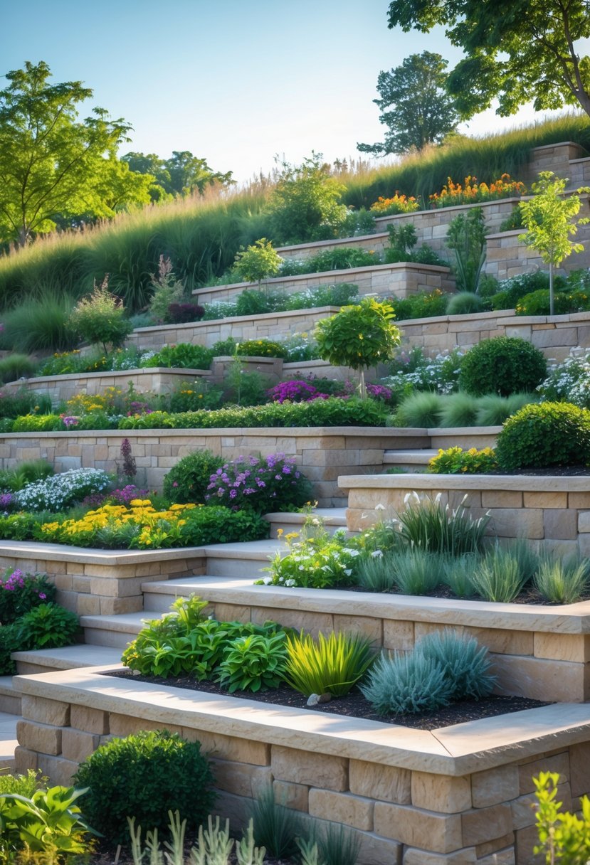 A garden on a slope with tiered terraces supported by stone retaining walls, planted with flowers and shrubs.