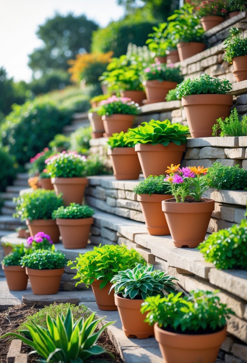 Terracotta pots with plants arranged on terraced levels on a garden slope.