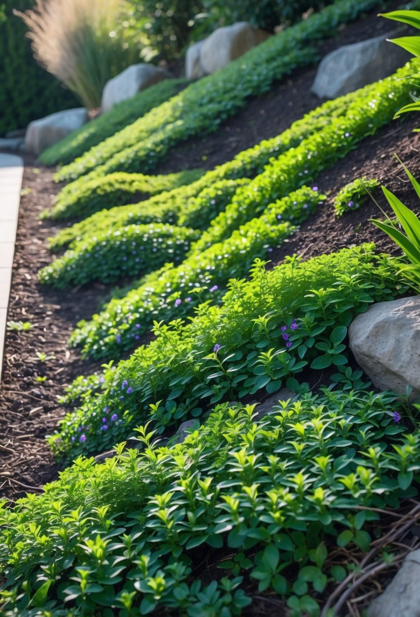 A garden slope covered with dense green creeping thyme ground cover and small purple flowers, surrounded by rocks and other plants.