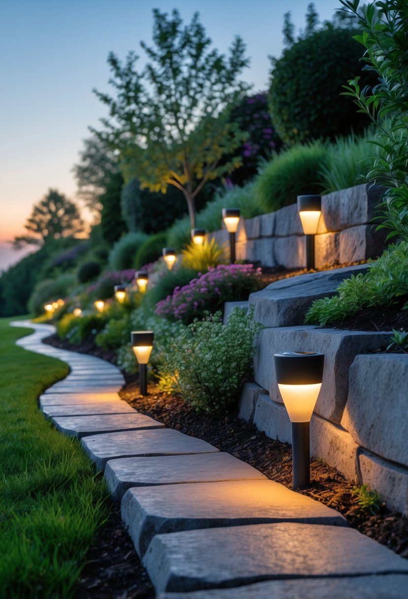 A garden on a slope with a stone pathway lined by solar lights and surrounded by plants and grass.