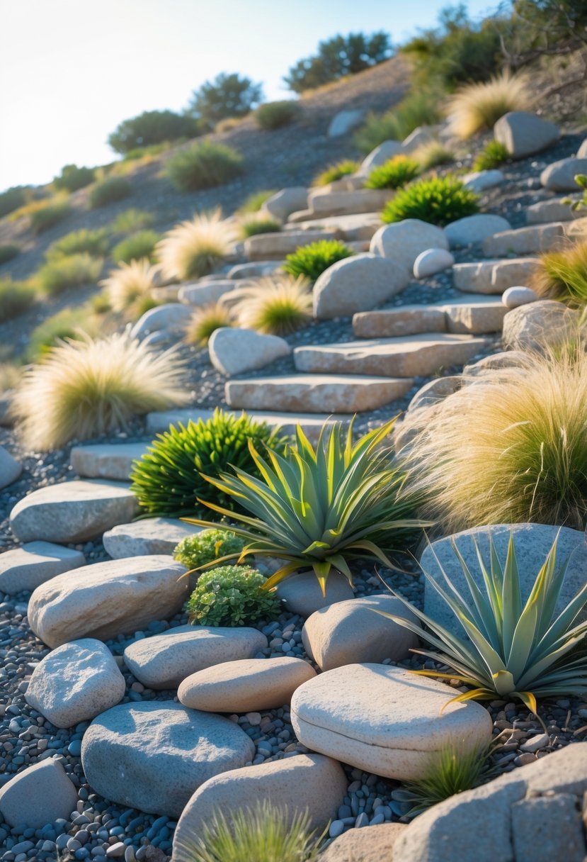 A rock garden on a gentle slope with native stones and drought-resistant plants arranged among natural pathways.