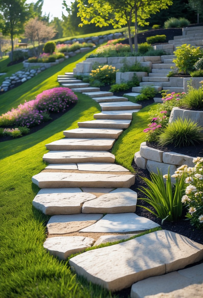 A winding stone pathway on a garden slope surrounded by green grass, colorful flowers, and small trees.