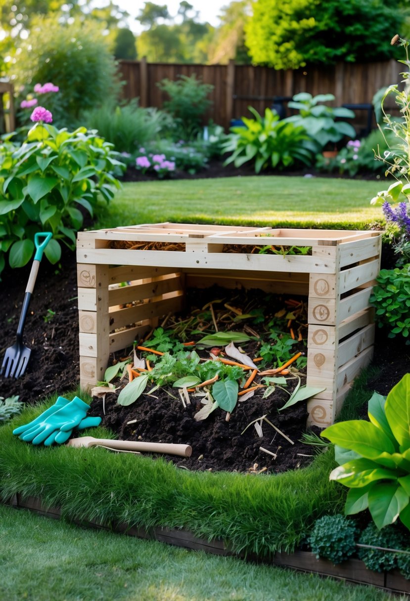 A compost bin made from wooden pallets on a grassy garden slope with plants and gardening tools nearby.
