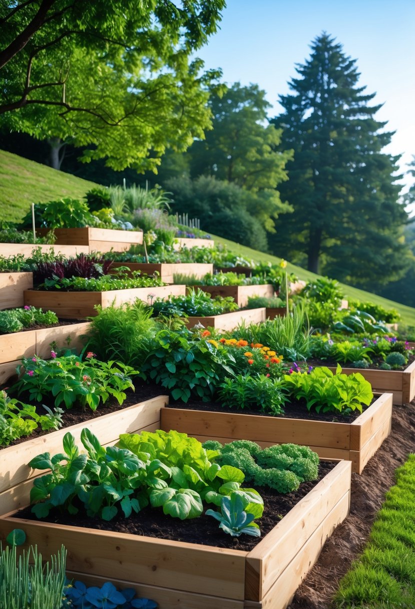 Garden on a slope with multiple wooden raised beds filled with plants and flowers under a clear sky.