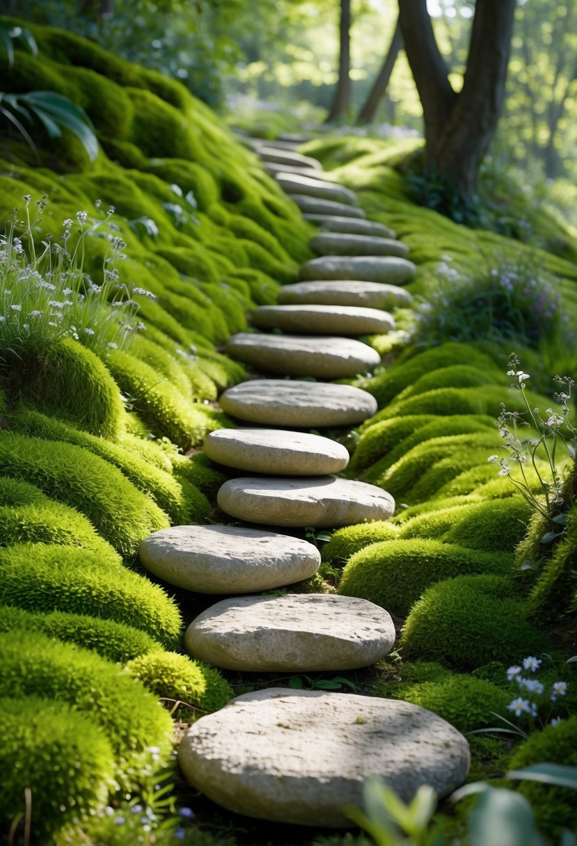 A moss-covered garden slope with natural stepping stones forming a pathway surrounded by small plants and soft sunlight.
