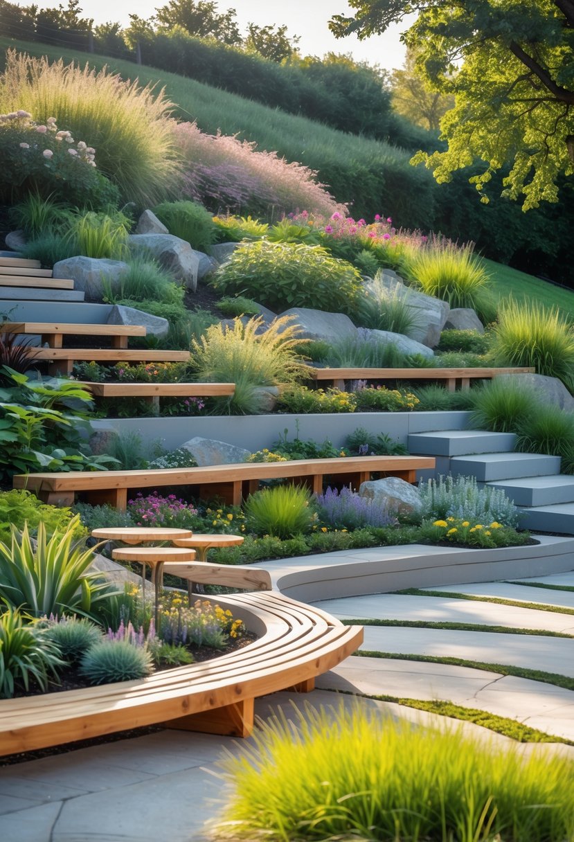 A sloped garden with flat areas containing wooden benches surrounded by plants and flowers.