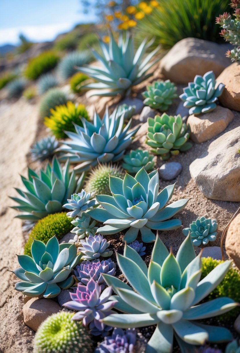 A sloped garden filled with various drought-tolerant succulent plants arranged among rocks and sandy soil under a clear blue sky.