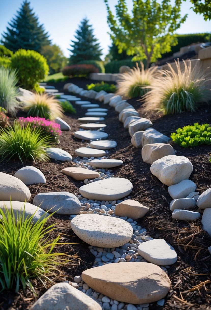 A dry creek bed made of natural stones and river rocks on a garden slope surrounded by green plants and flowering shrubs.