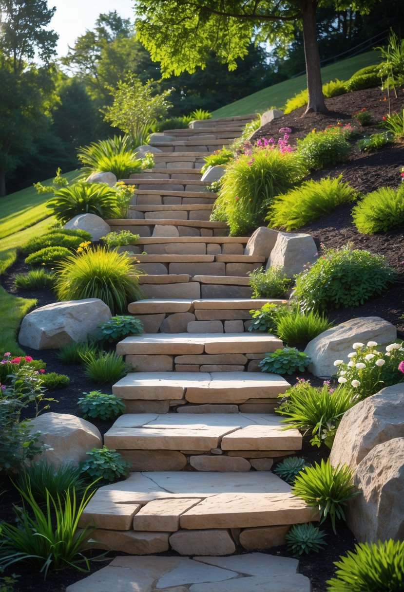 Stone stairs leading up through a garden on a slope with green plants and flowers around.