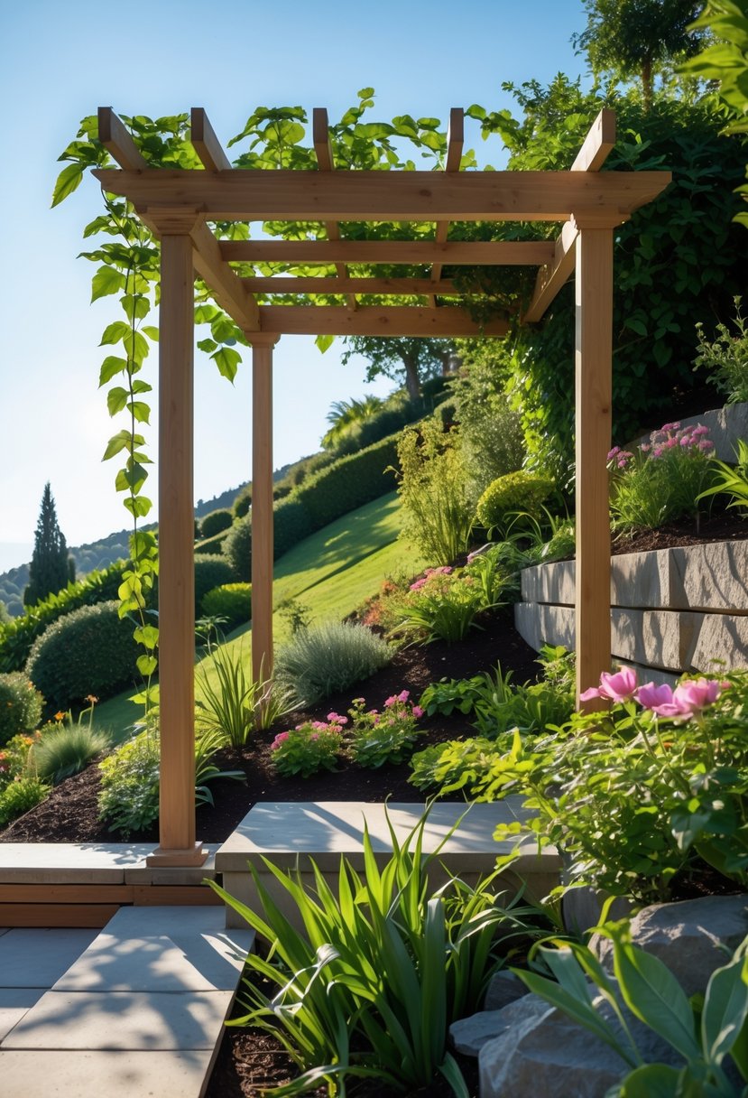 A small wooden pergola with climbing plants providing shade on a sloped garden surrounded by flowers and greenery.