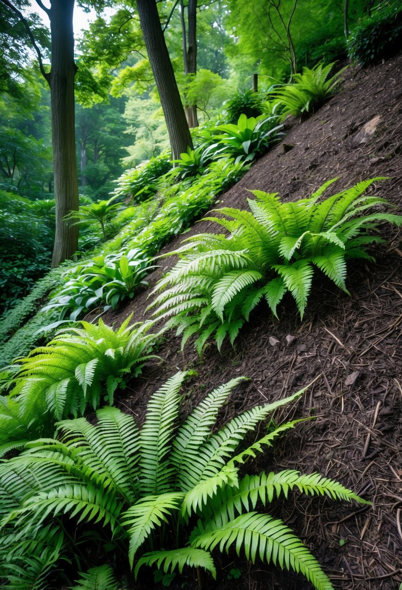 A shaded garden slope planted with various green ferns growing in rich soil beneath tall trees.