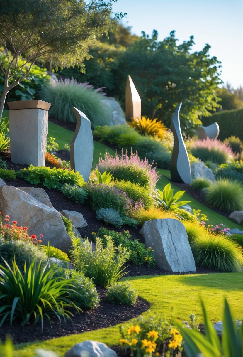 A garden on a gentle slope with sculptures and garden art surrounded by plants and flowers.