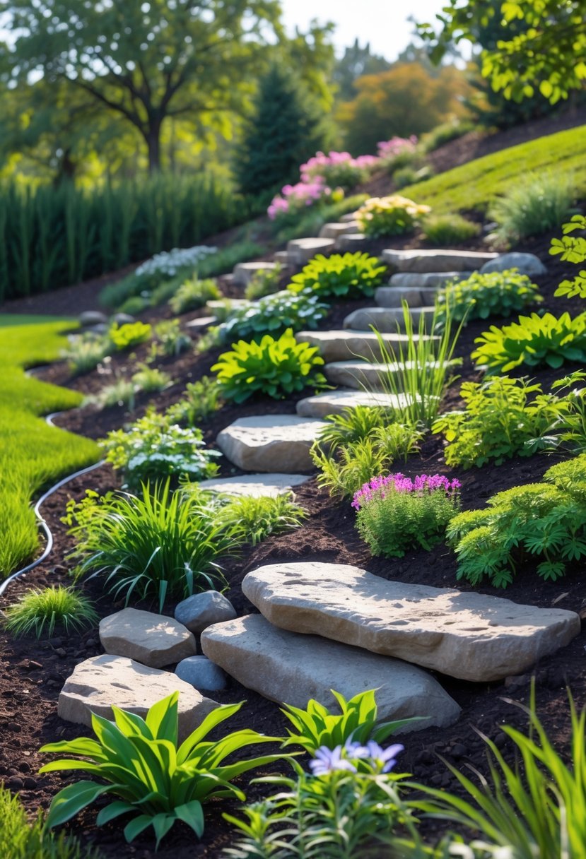 A rain garden on a gentle slope with green plants, colorful flowers, and rocks designed to slow water runoff.