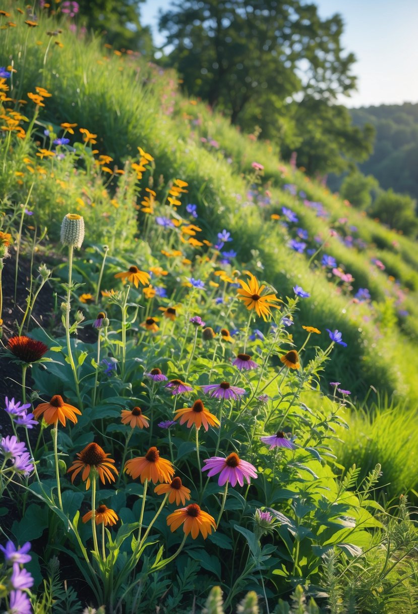 A sloped garden filled with colorful native wildflowers and pollinators like bees and butterflies flying among the flowers.