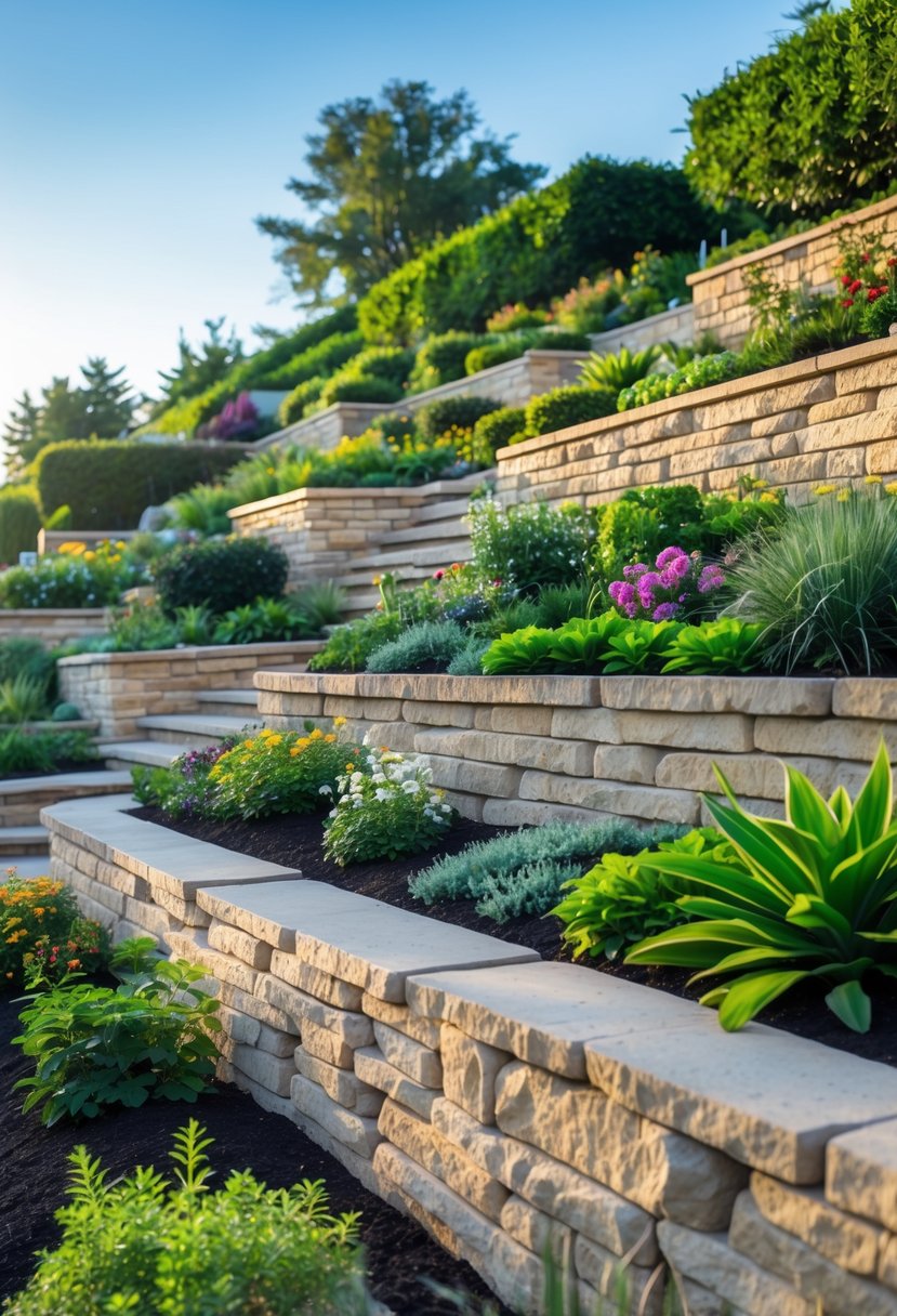 Terraced garden beds on a slope with natural stone retaining walls and various plants.