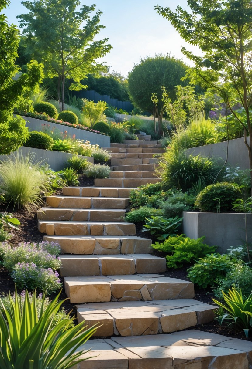 A stone staircase winding through a green garden on a gentle slope surrounded by plants and trees.