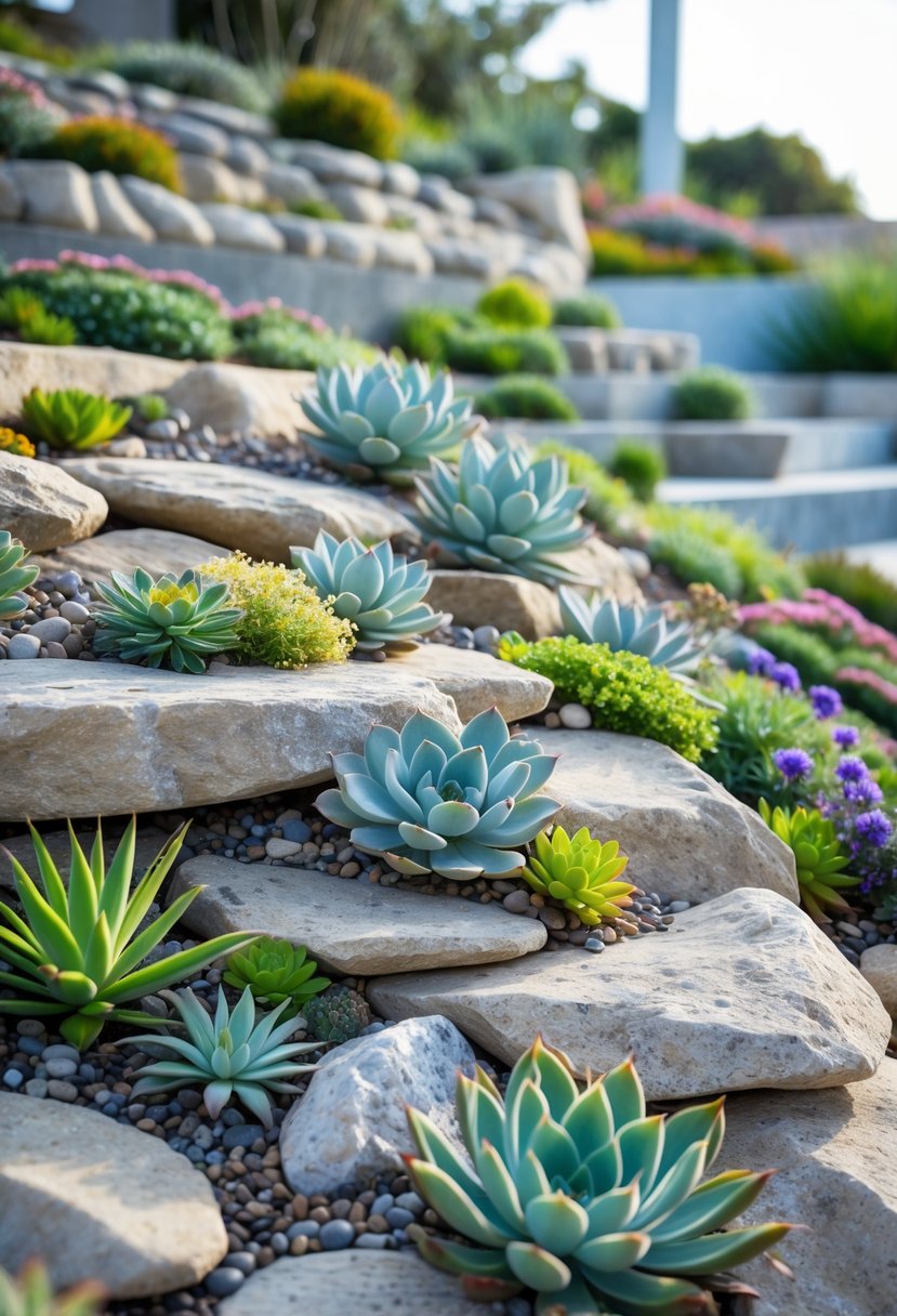 A rock garden on a slope with various succulents and alpine plants among natural stones and rocks.