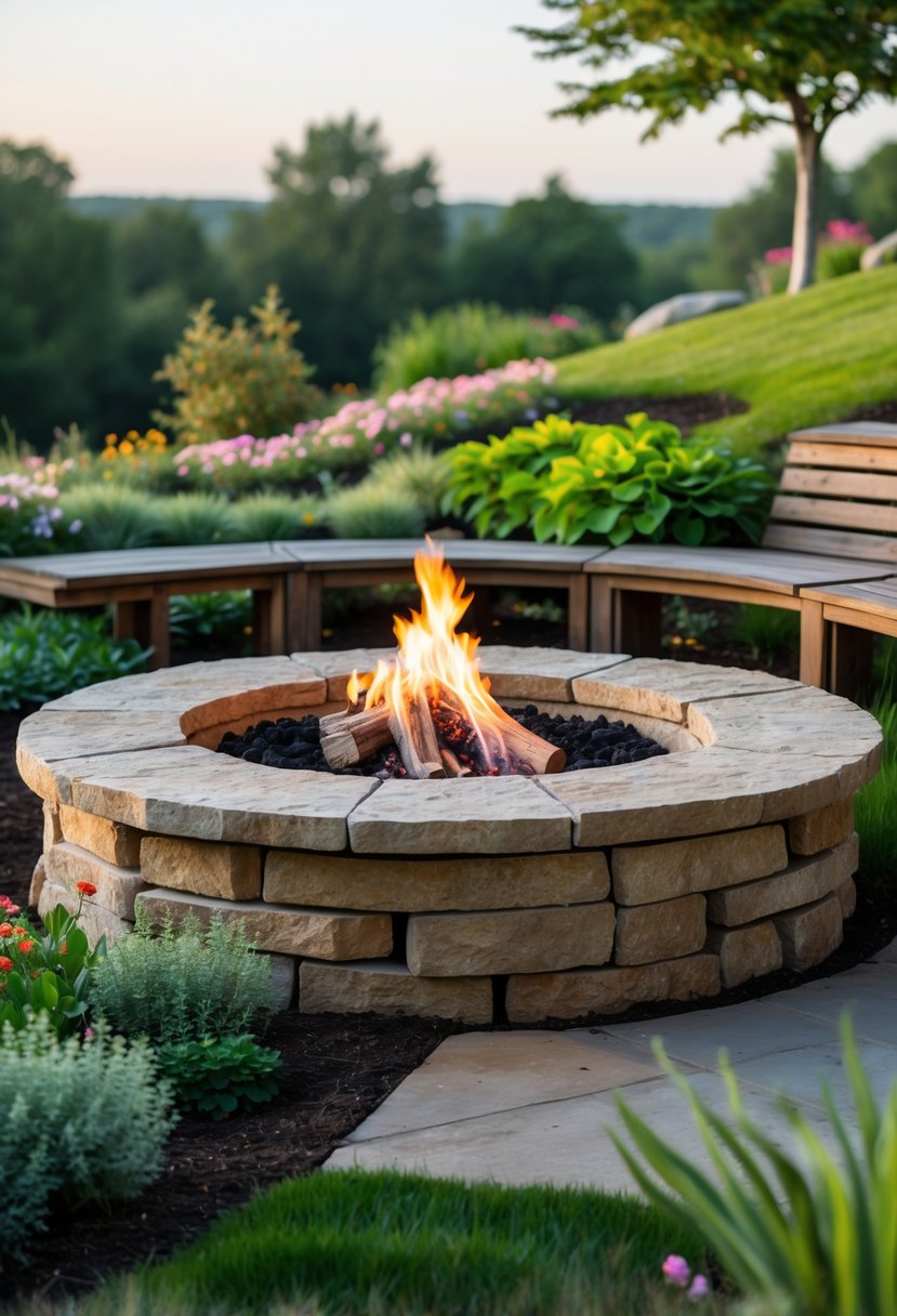 A small stone fire pit with wooden seating arranged on a grassy slope surrounded by plants and trees.