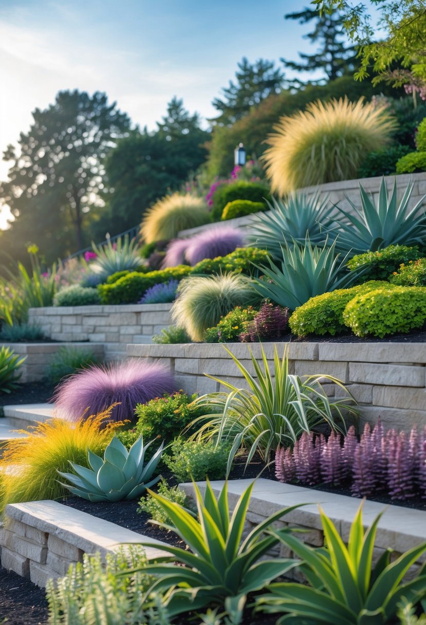 A garden on a slope with multiple layers of plants featuring different textures and colorful flowers, separated by stone walls under a clear sky.