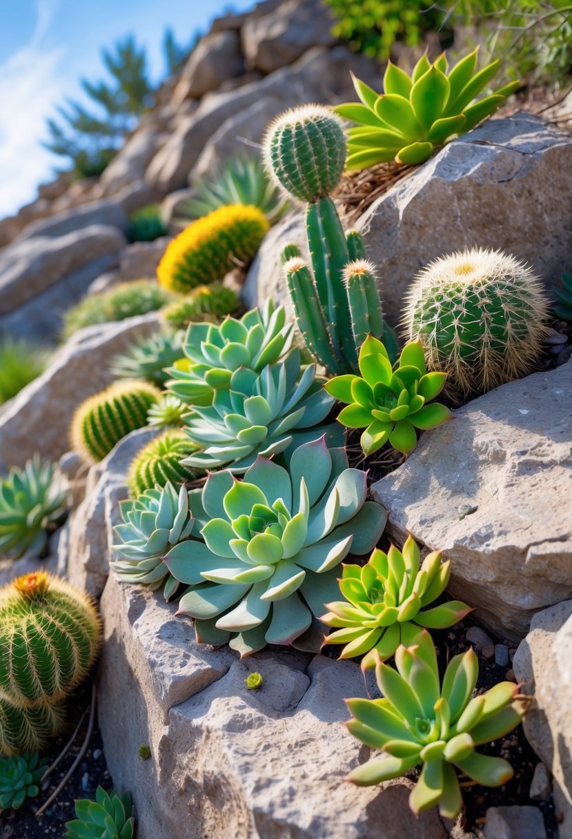 A rocky slope garden with various green succulents and cacti growing in the rock crevices under natural sunlight.
