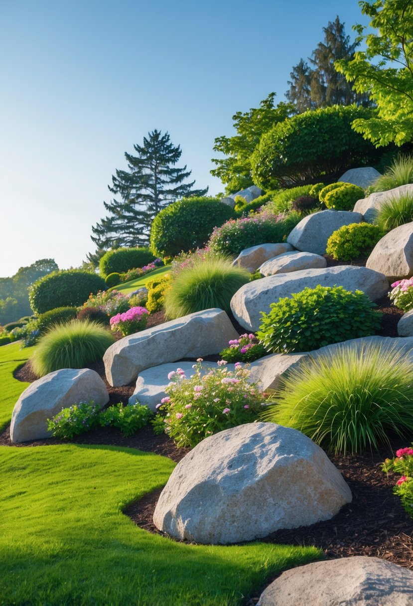 A garden on a slope with large decorative boulders surrounded by green grass, flowering plants, and shrubs under a clear sky.