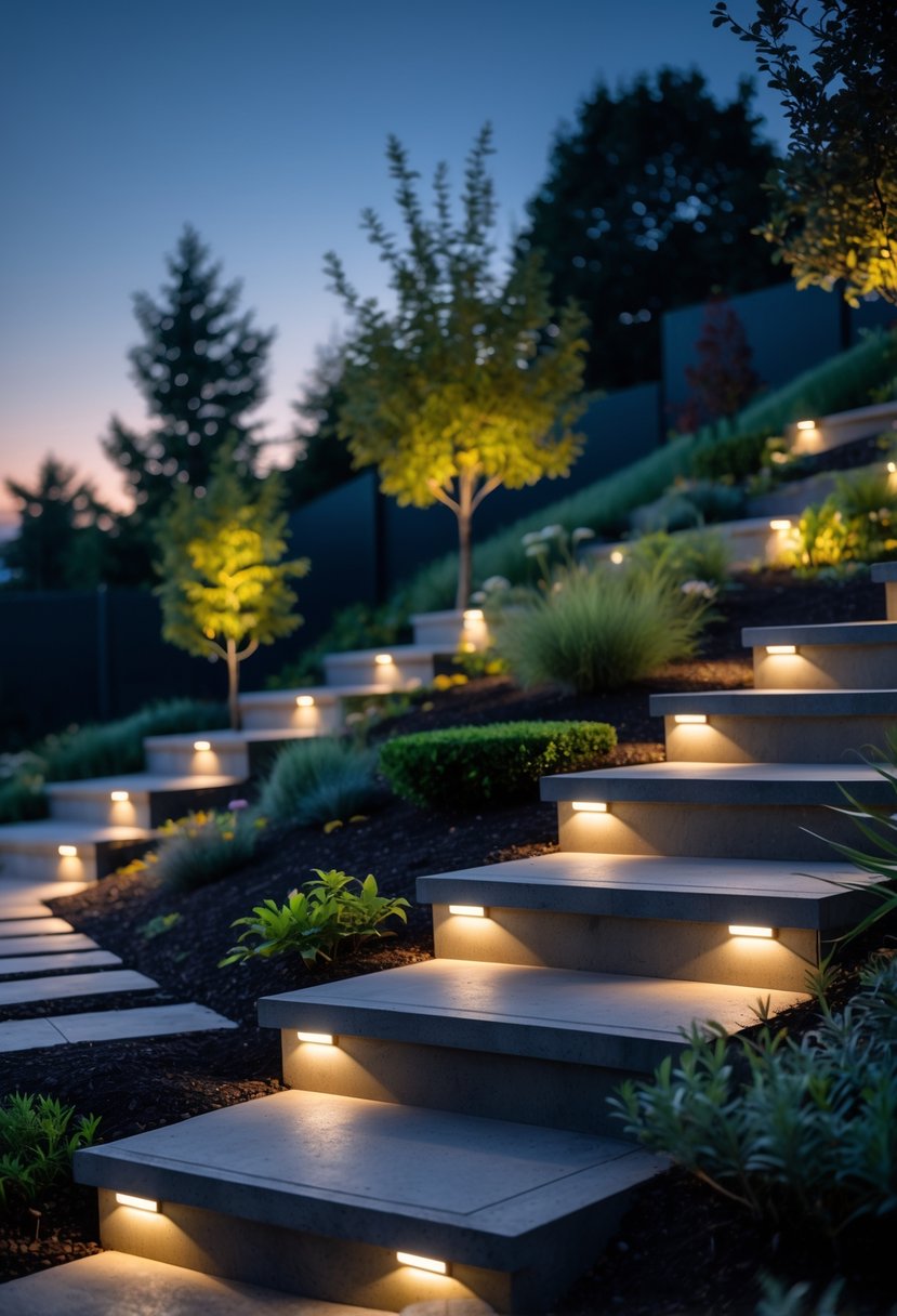 A garden on a slope with LED lights installed along a path and steps, surrounded by plants and trees at dusk.