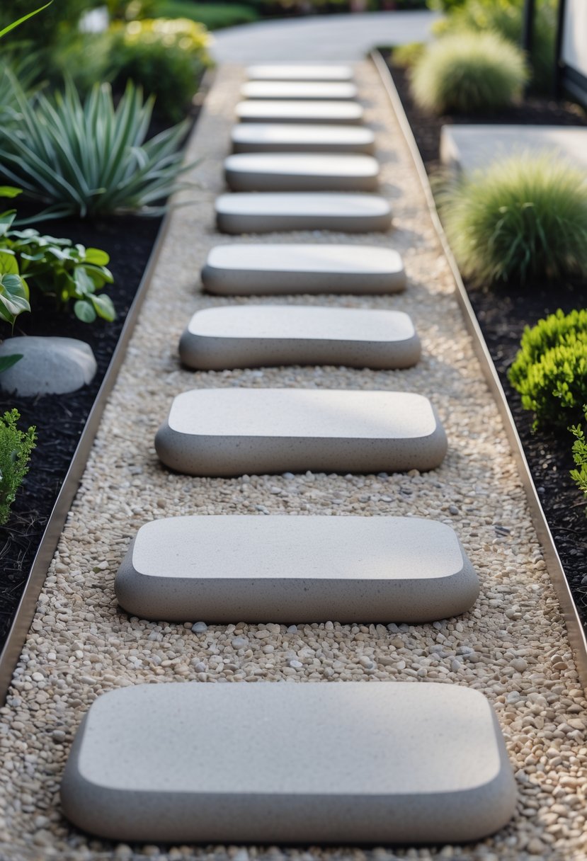 A pathway with large stepping stones set in gravel on a gentle slope surrounded by green plants.