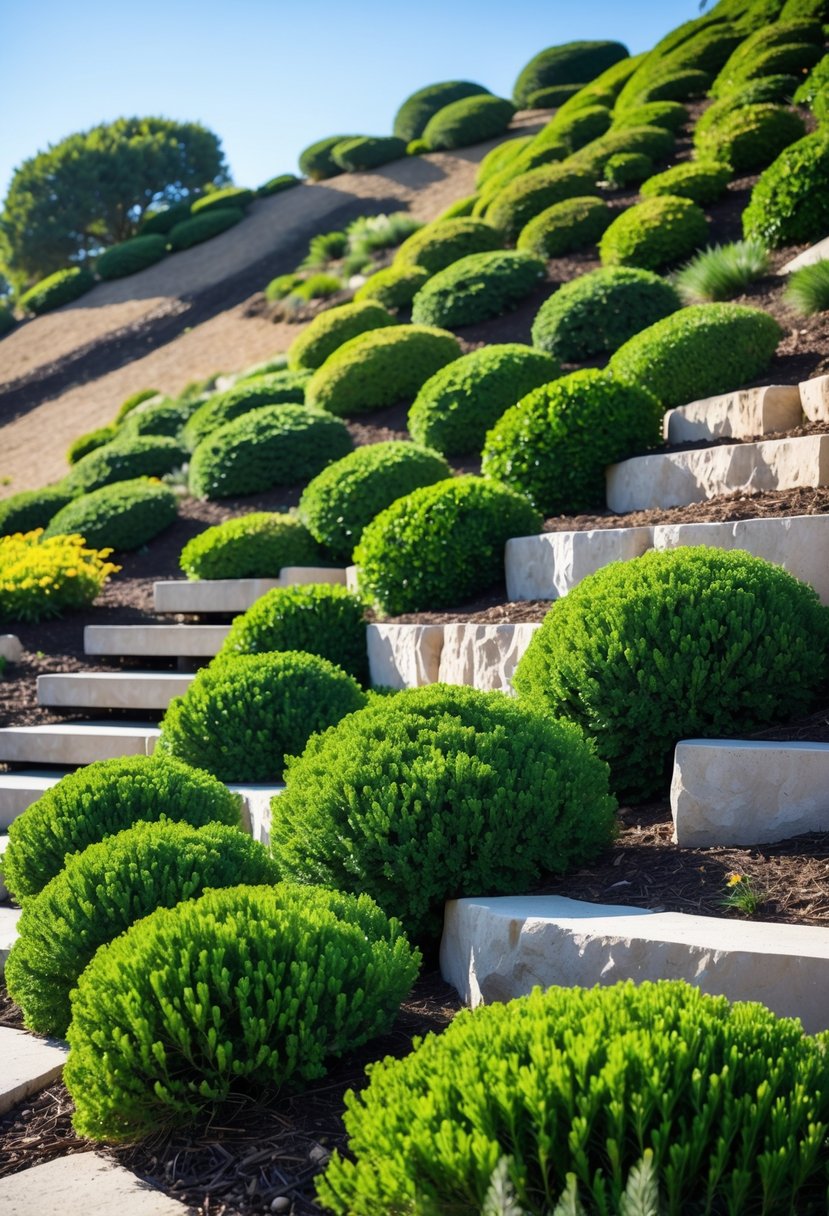 A sloped garden with neatly planted evergreen shrubs arranged to provide year-round structure.