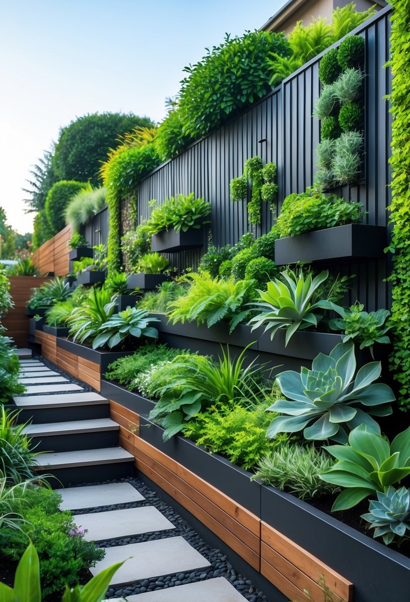 A sloped garden with vertical gardens and living walls on fences covered in green plants and flowers.