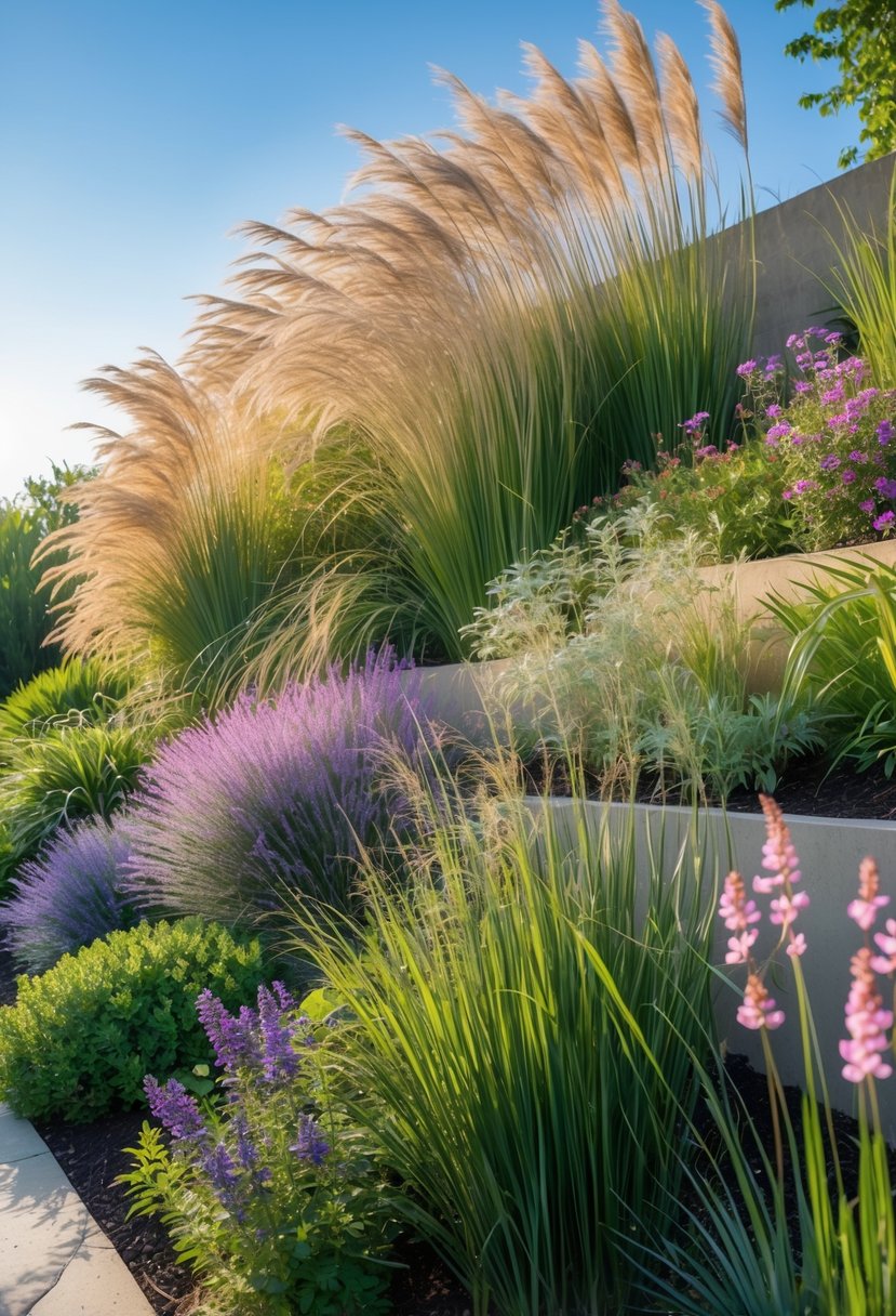 A garden on a slope with ornamental grasses and colorful flowering plants creating movement and texture.