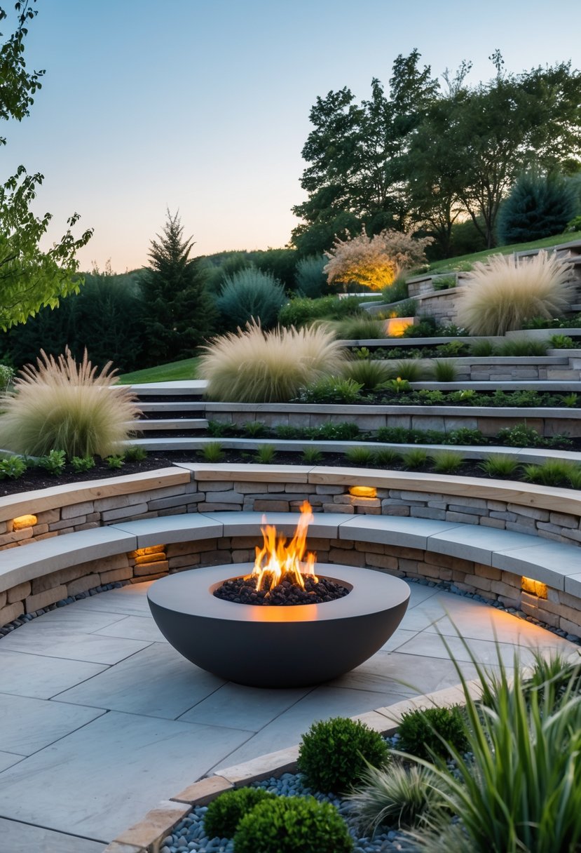 An outdoor fire pit area with terraced stone seating on a garden slope surrounded by plants.